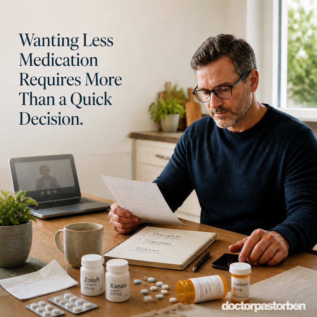A man reviewing medication questions through the Thoughts, Traumas and Toxins framework