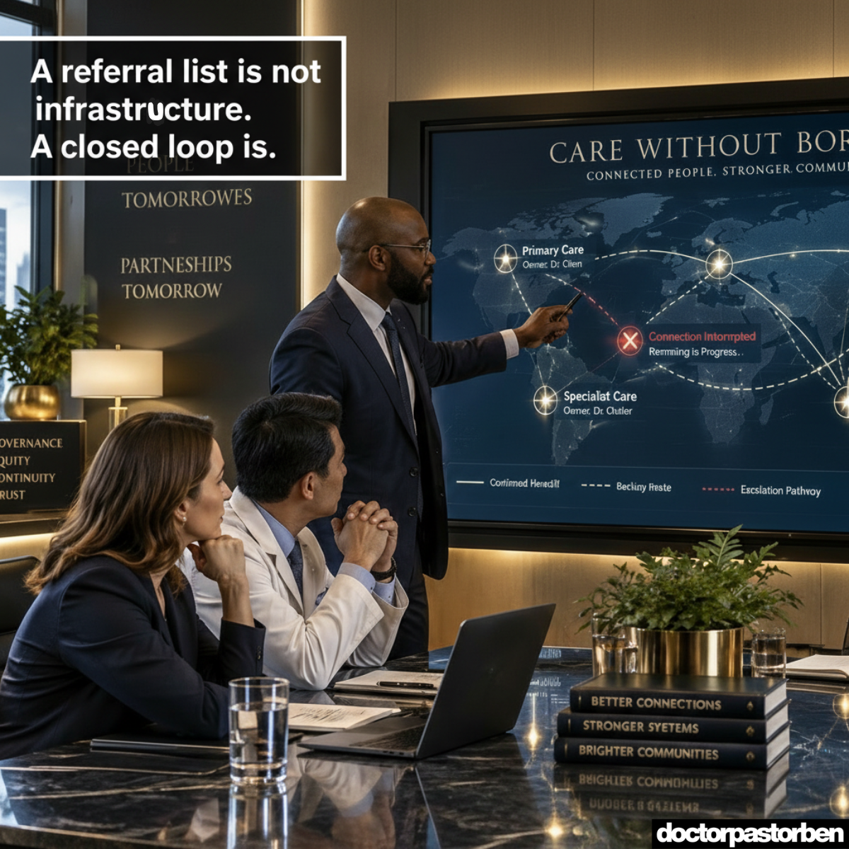 Healthcare leadership team reviewing a connected referral network